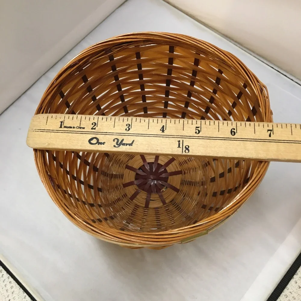 Woven Bamboo Basket Home Decor Medium Brown Gold Rim Boho Storage Waste Bin